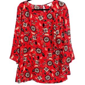 J Jill Top Womens Sz Extra Large XL Red 3/4 Sleeve Floral Boho Lightweight Tunic